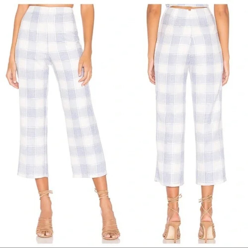 Lovers + Friends Peggy Pant in White & Blue Plaid, Size Medium
